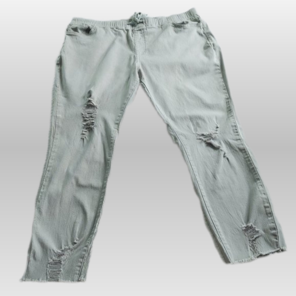 Plus Size Drawstring Jeans 2X Green Ripped Raw Hem Pull On Denim Pants